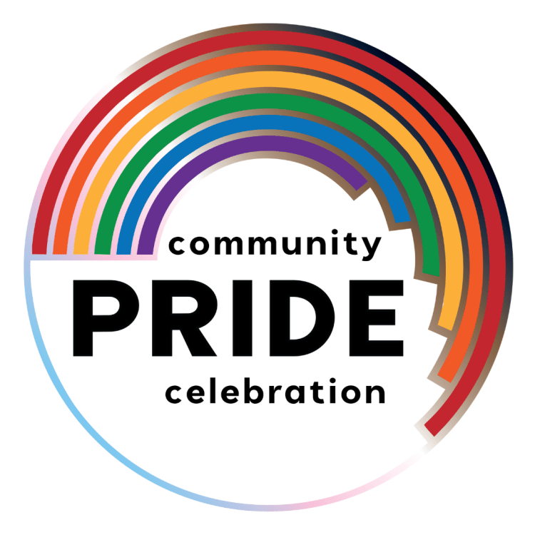 Logo featuring a colorful rainbow arc with the words 'community PRIDE celebration' in bold black letters.